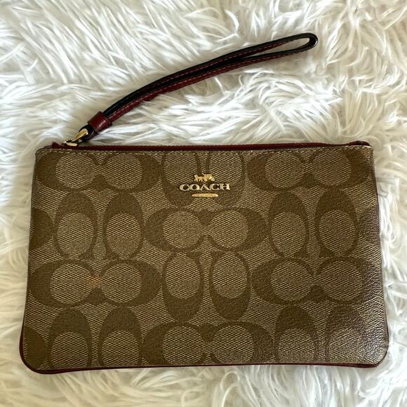 COACH Brown Burgundy Coat Canvas Wristlet w/ Card Slots - Picture 1 of 6